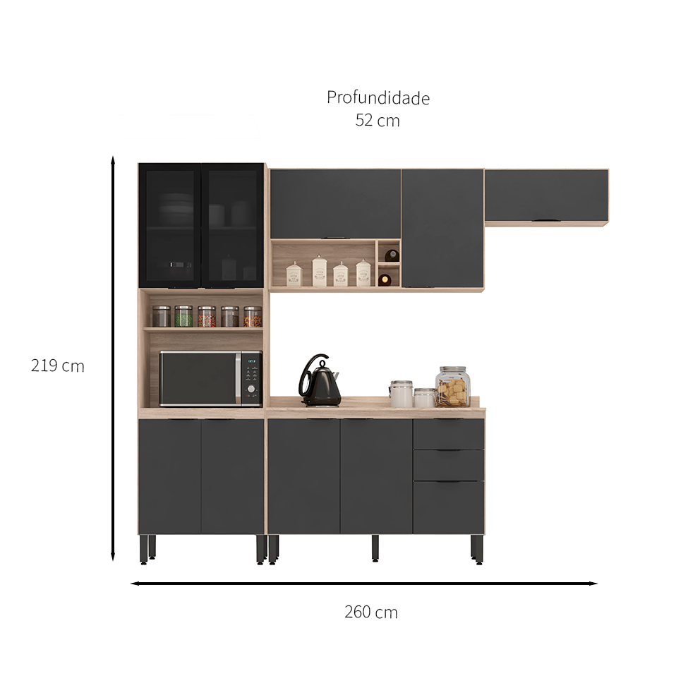 Cozinha Compacta Firenze I 10 Portas 2 Gavetas Avena e Grafito