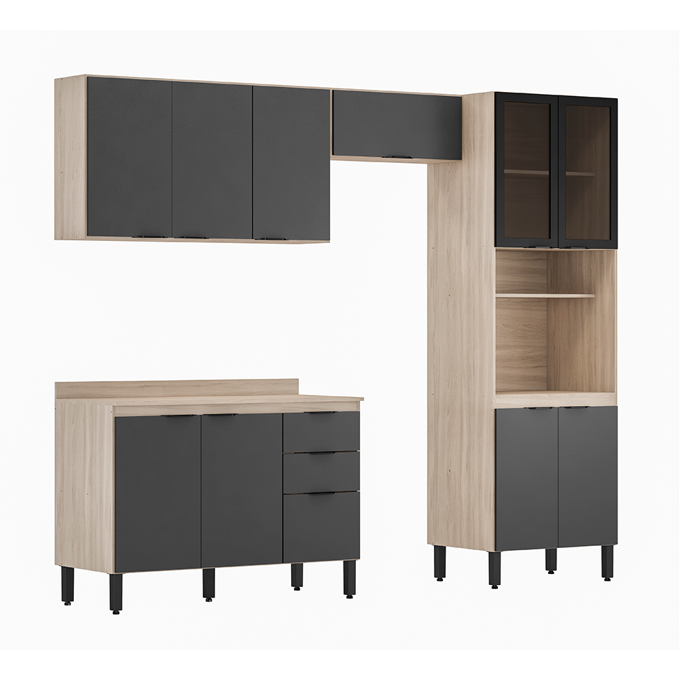Cozinha Compacta Firenze I 11 Portas 2 Gavetas Avena e Grafito