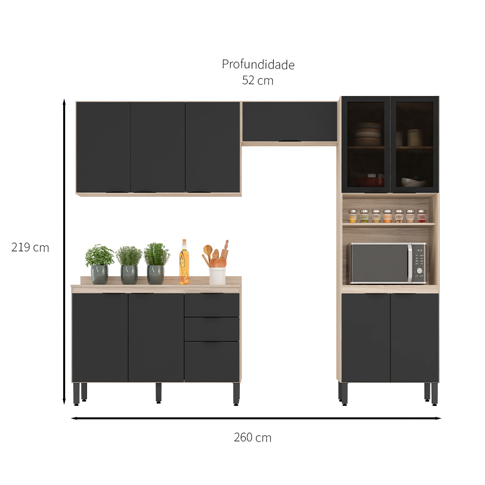 Cozinha Compacta Firenze I 11 Portas 2 Gavetas Avena e Grafito