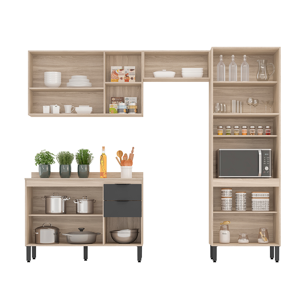 Cozinha Compacta Firenze I 11 Portas 2 Gavetas Avena e Grafito
