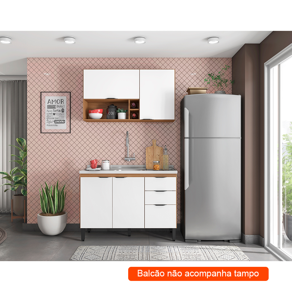 Cozinha Compacta Firenze I 5 Portas 2 Gavetas Amêndola e Branca