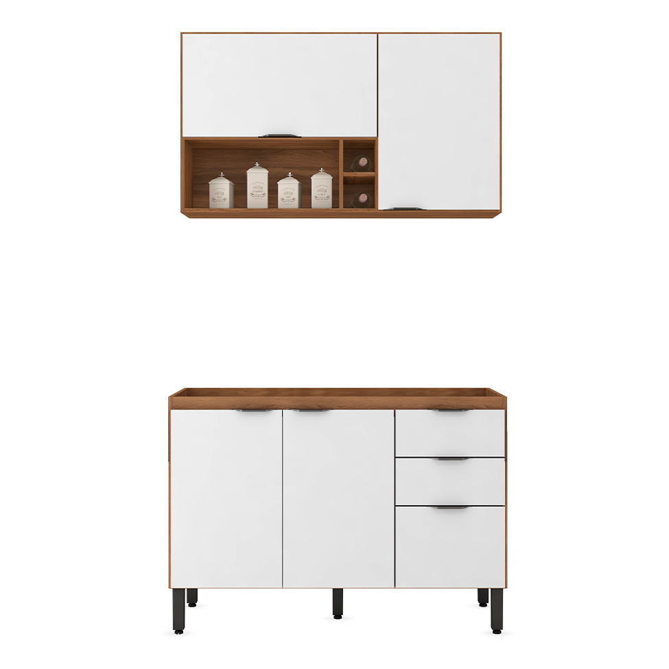 Cozinha Compacta Firenze I 5 Portas 2 Gavetas Amêndola e Branca