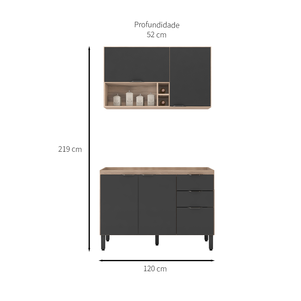 Cozinha Compacta Firenze I 5 Portas 2 Gavetas Avena e Grafito