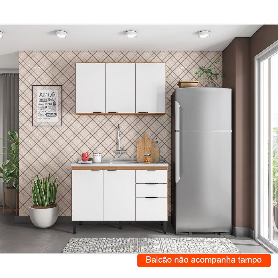 Cozinha Compacta Firenze I 6 Portas 2 Gavetas Amêndola e Branca