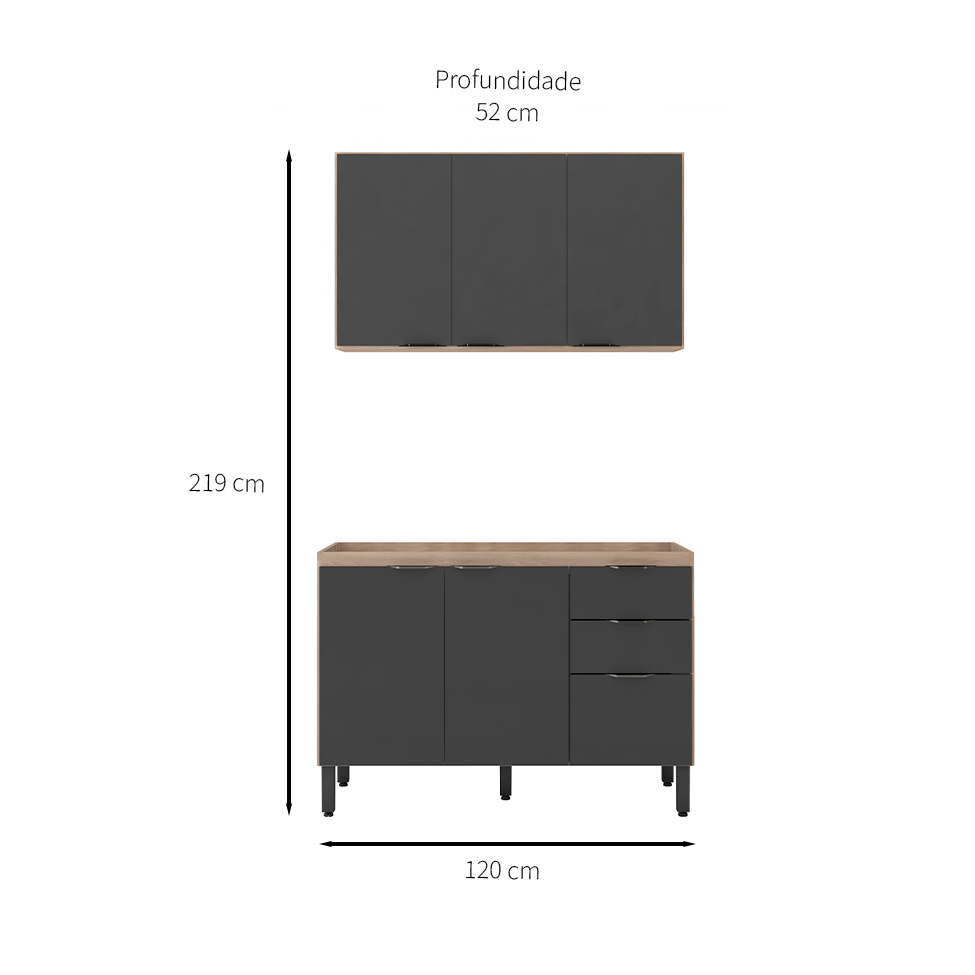 Cozinha Compacta Firenze I 6 Portas 2 Gavetas Avena e Grafito