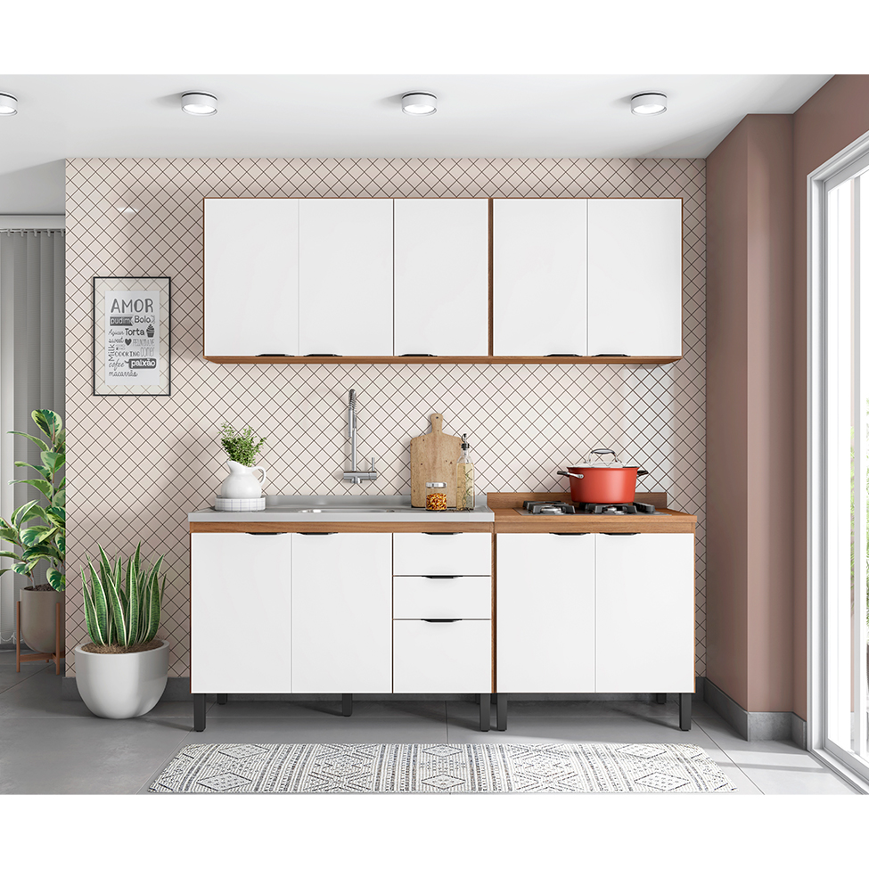 Cozinha Compacta Firenze II 10 Portas 2 Gavetas Amêndola e Branca