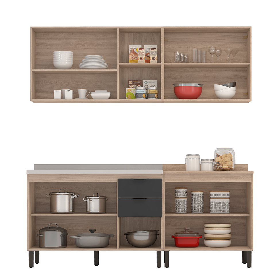Cozinha Compacta Firenze II 10 Portas 2 Gavetas Avena e Grafito