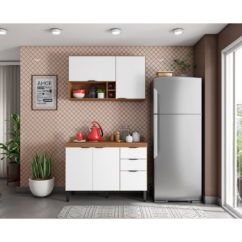 Cozinha Compacta Firenze II 5 Portas 2 Gavetas Amêndola e Branca