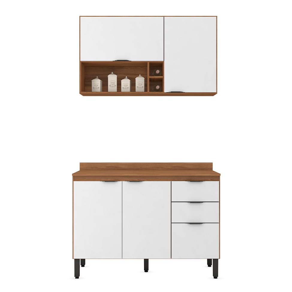 Cozinha Compacta Firenze II 5 Portas 2 Gavetas Amêndola e Branca