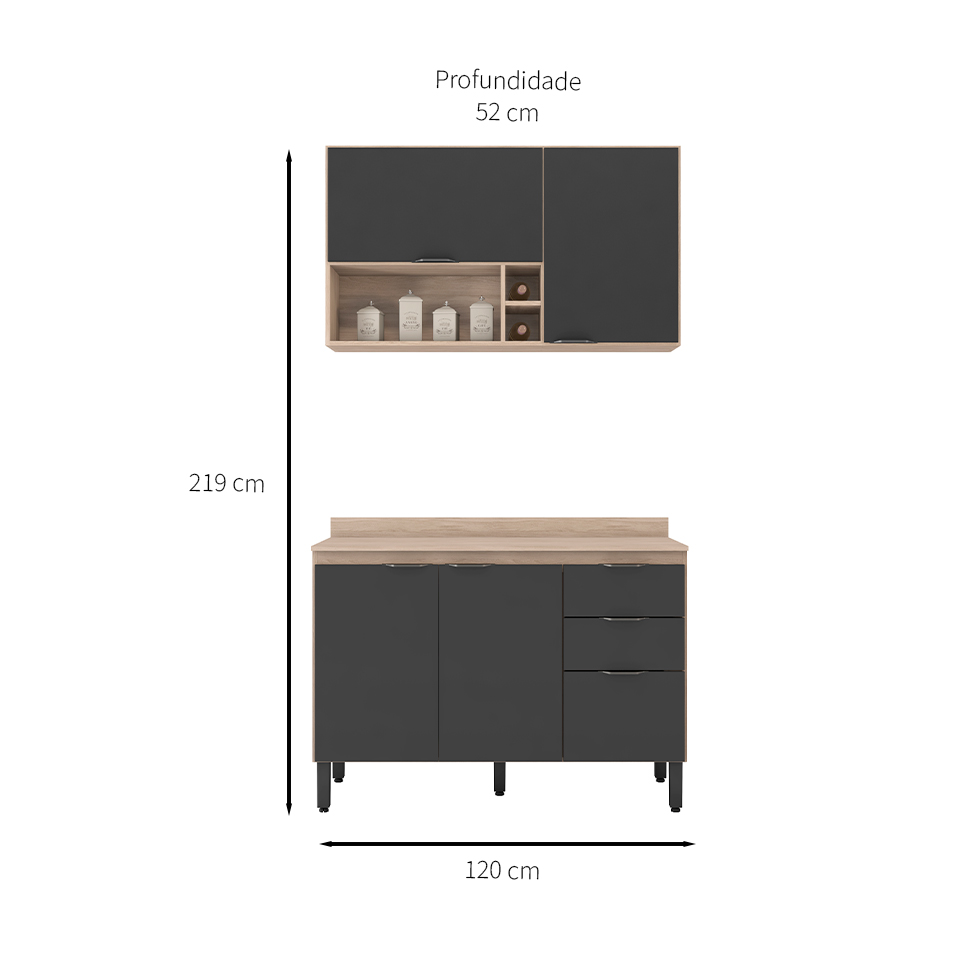 Cozinha Compacta Firenze II 5 Portas 2 Gavetas Avena e Grafito