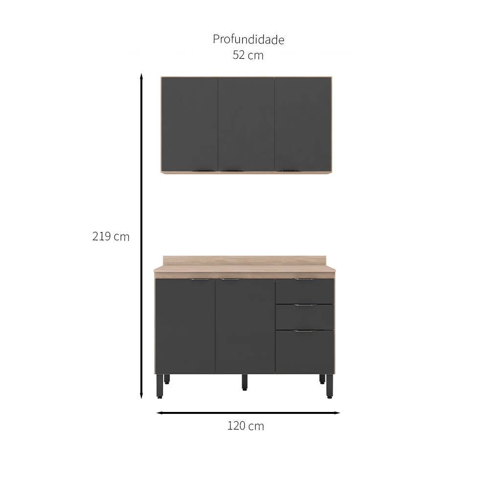 Cozinha Compacta Firenze II 6 Portas 2 Gavetas Avena e Grafito