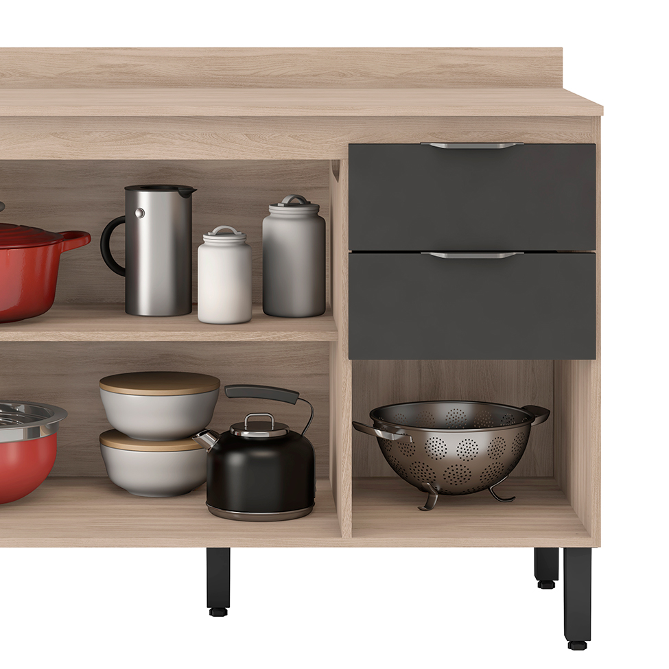 Cozinha Compacta Firenze II 6 Portas 2 Gavetas Avena e Grafito