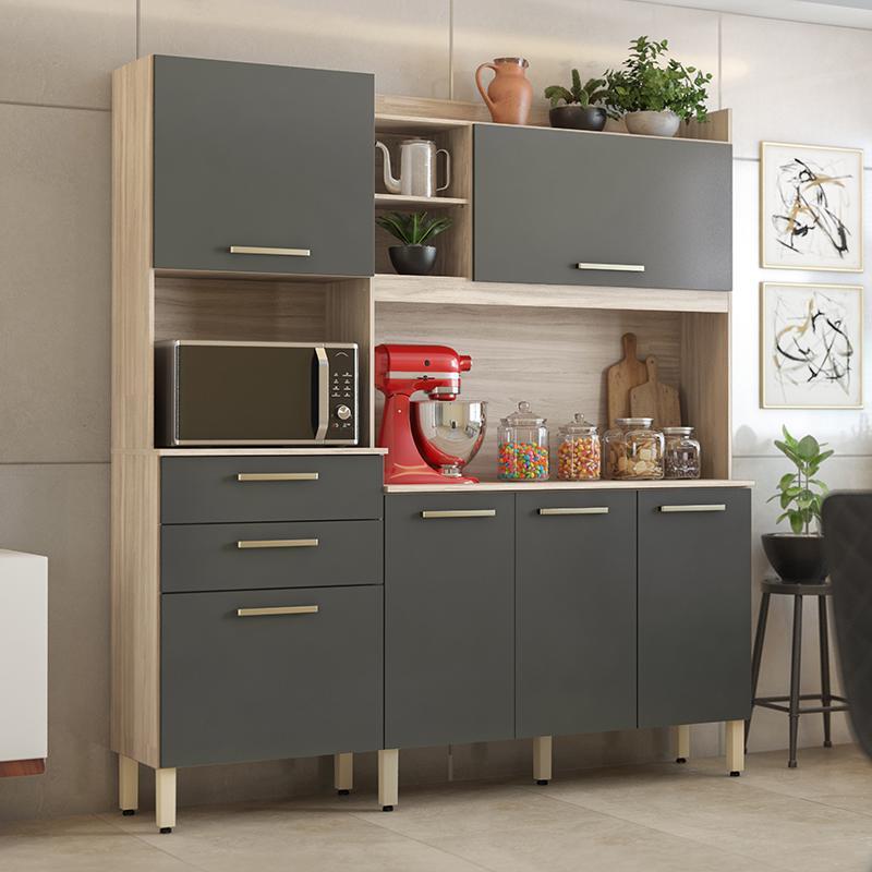 Cozinha Compacta Select 6 Portas e 2 Gavetas Avena/Grafito - Demóbile