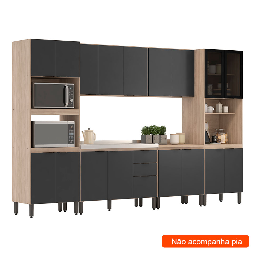 Cozinha Completa Firenze 18 Portas 2 Gavetas Avena e Grafito