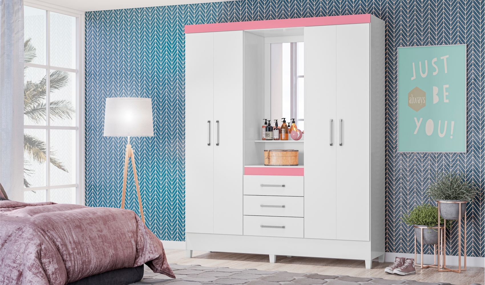 Gaurda Roupa 4 Portas Munique Branco/Rosa/Branco