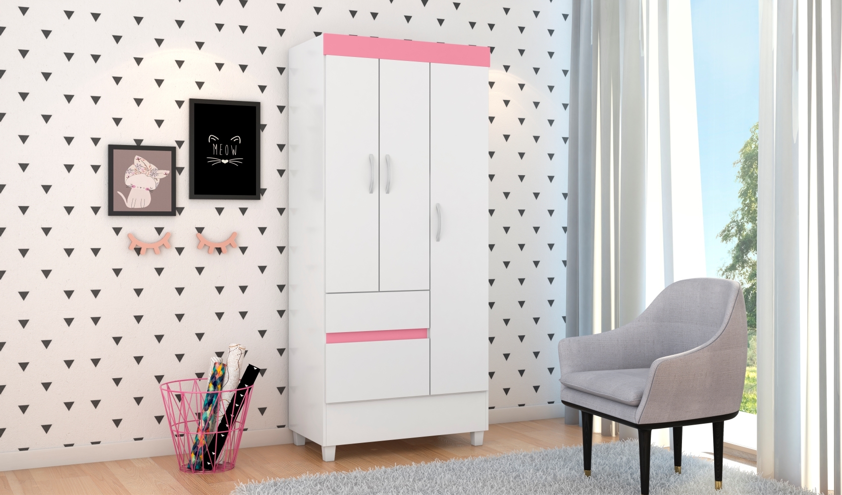 Guarda Roupa 3 Portas Fabi Branco Rosa