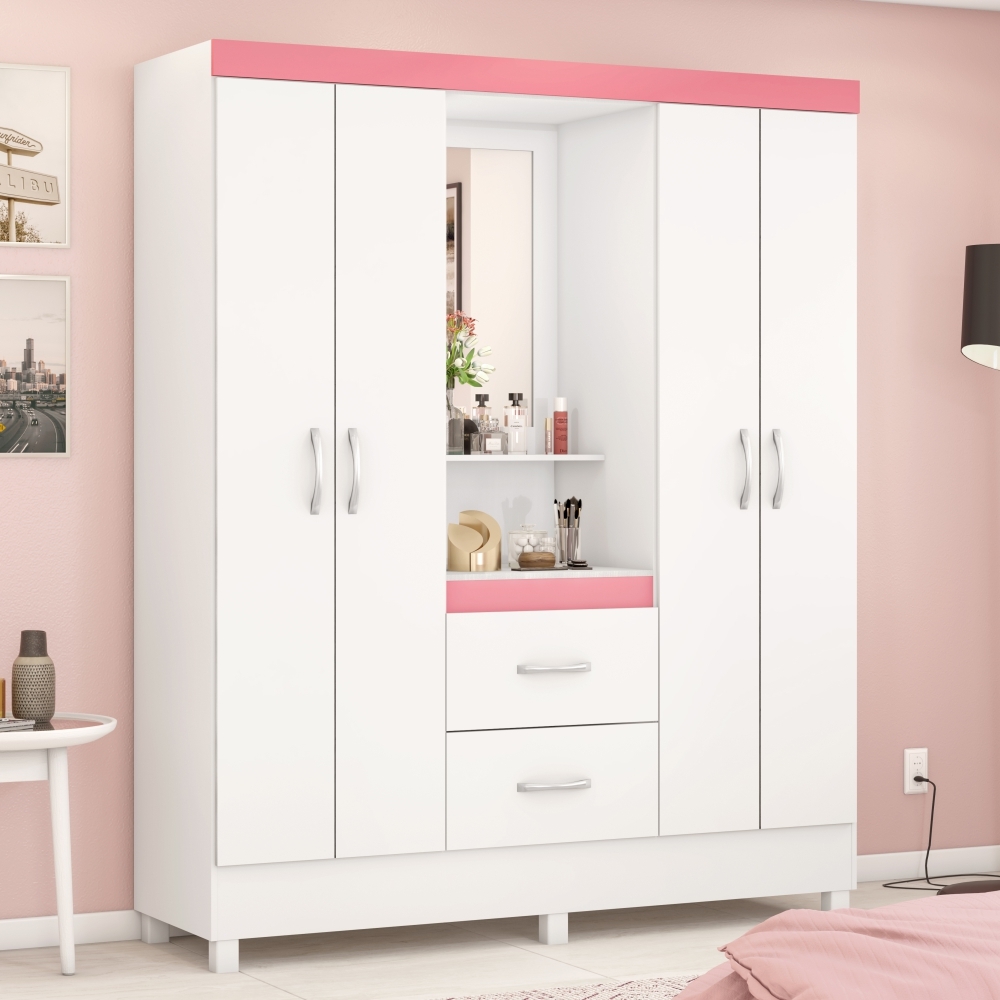 Guarda Roupa 4P Essen Branco/Rosa/Branco