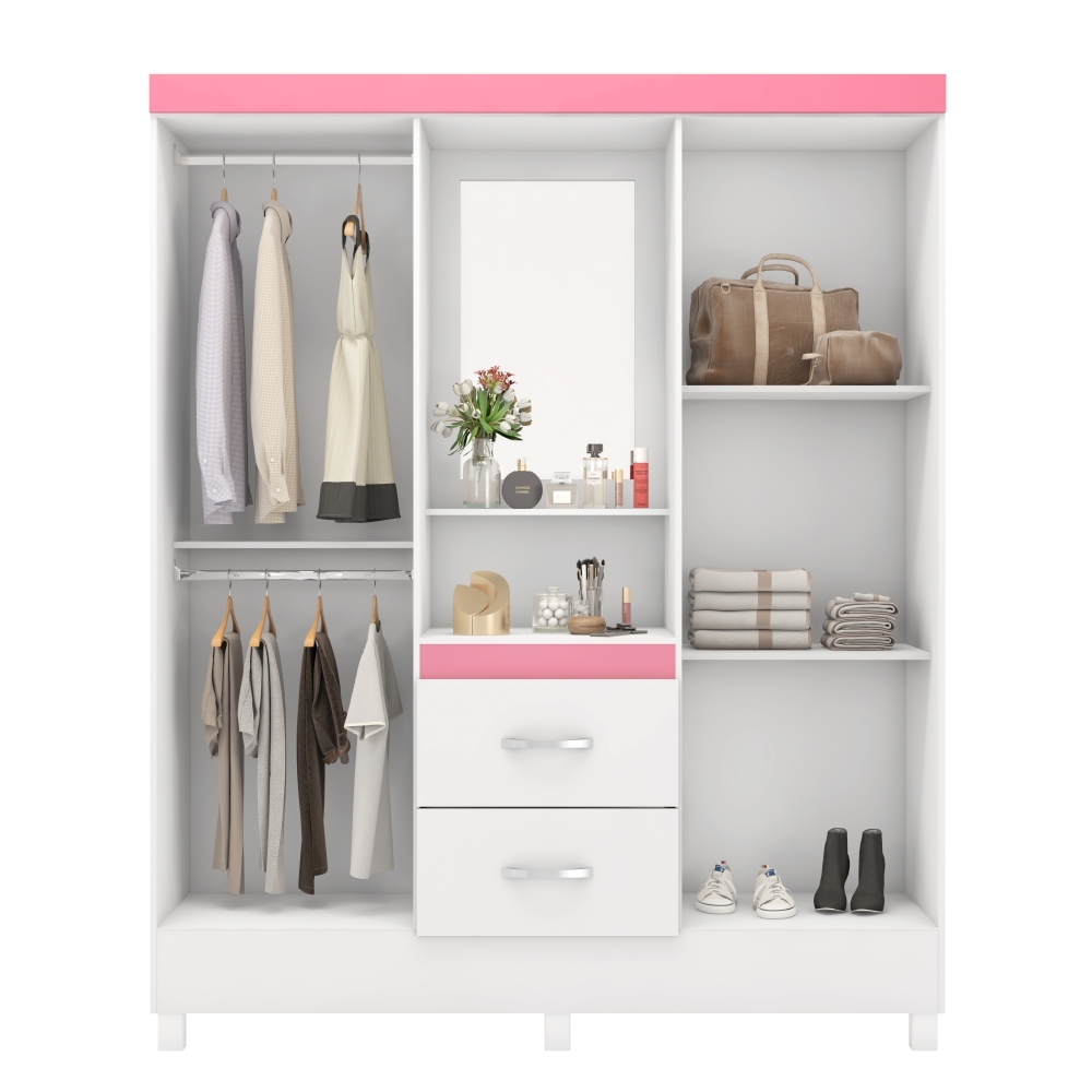 Guarda Roupa 4P Essen Branco/Rosa/Branco