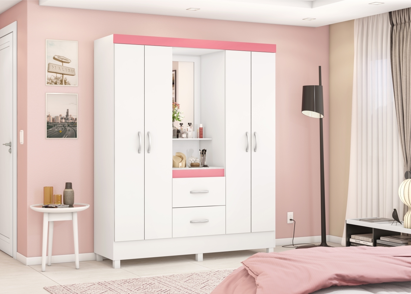 Guarda Roupa 4P Essen Branco/Rosa/Branco