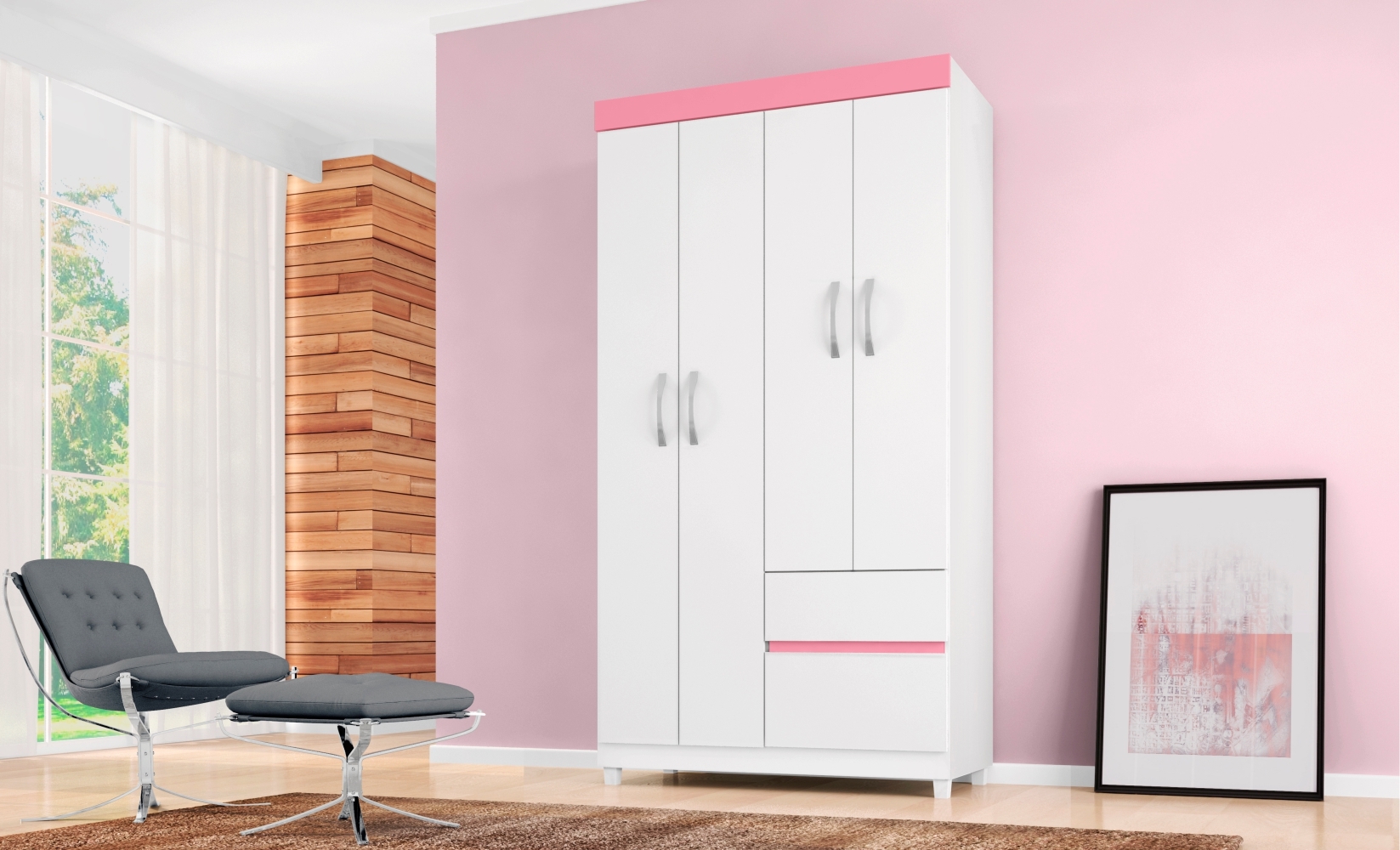 Guarda Roupa 4P Mainz Branco/Rosa