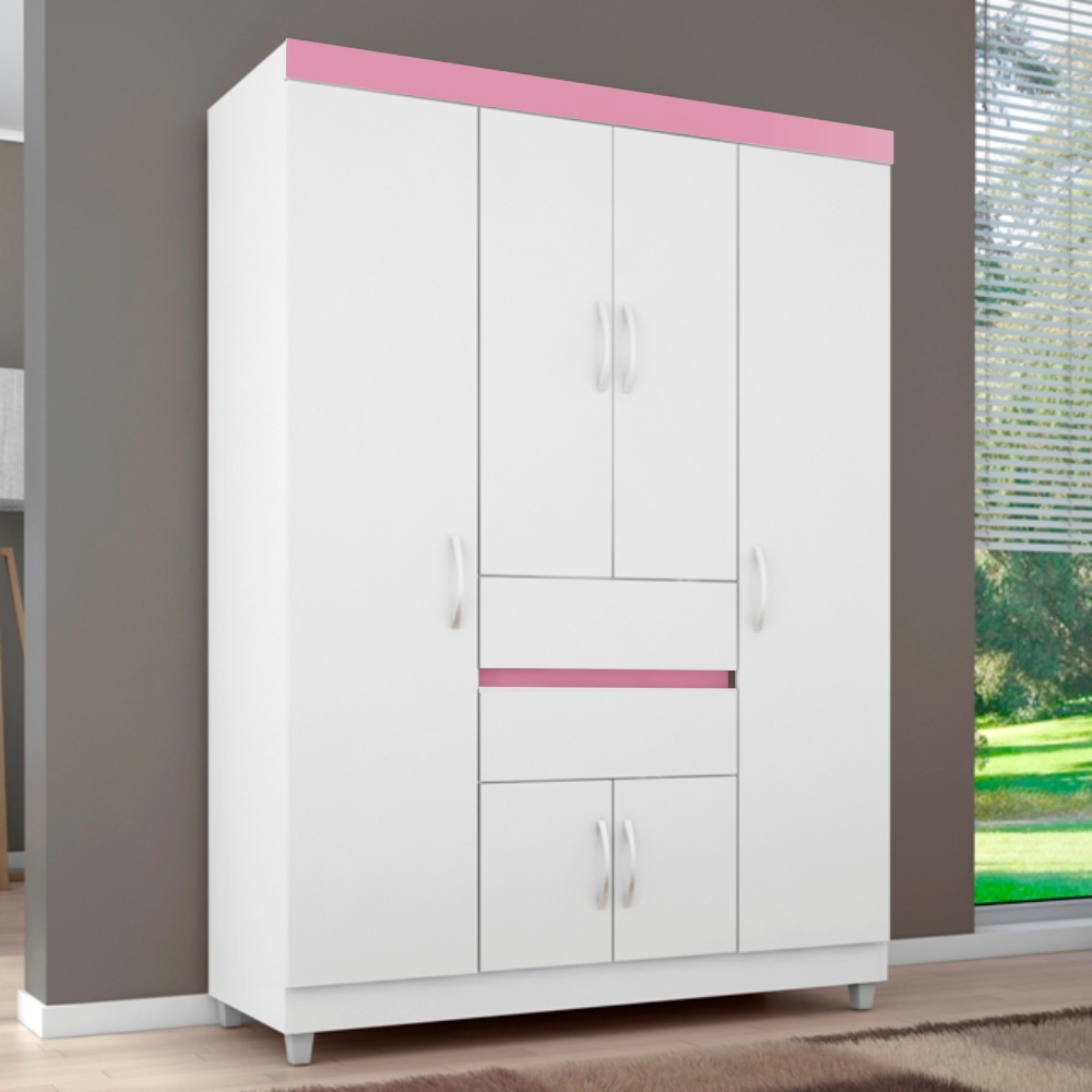 Guarda Roupa 6P Dresden Branco/Rosa/Branco