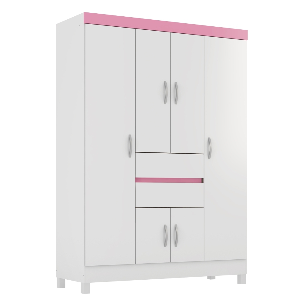 Guarda Roupa 6P Dresden Branco/Rosa/Branco