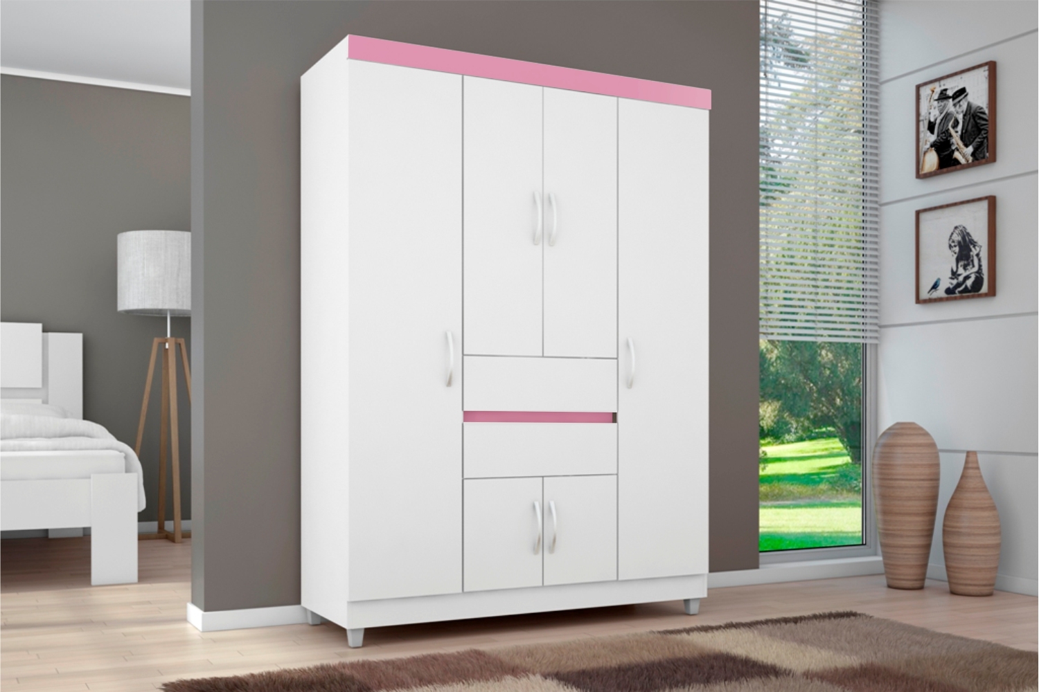 Guarda Roupa 6P Dresden Branco/Rosa/Branco