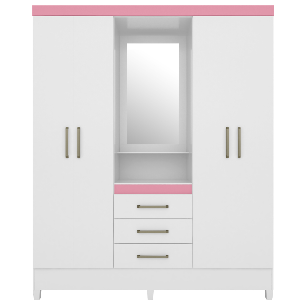 Guarda Roupa Capelinha 4 PT Com Espelho 43220 Branco Rosa Flex Demobile