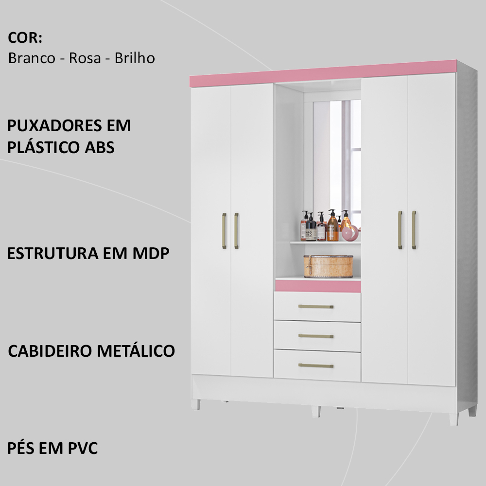 Guarda Roupa Capelinha 4 PT Com Espelho 43220 Branco Rosa Flex Demobile