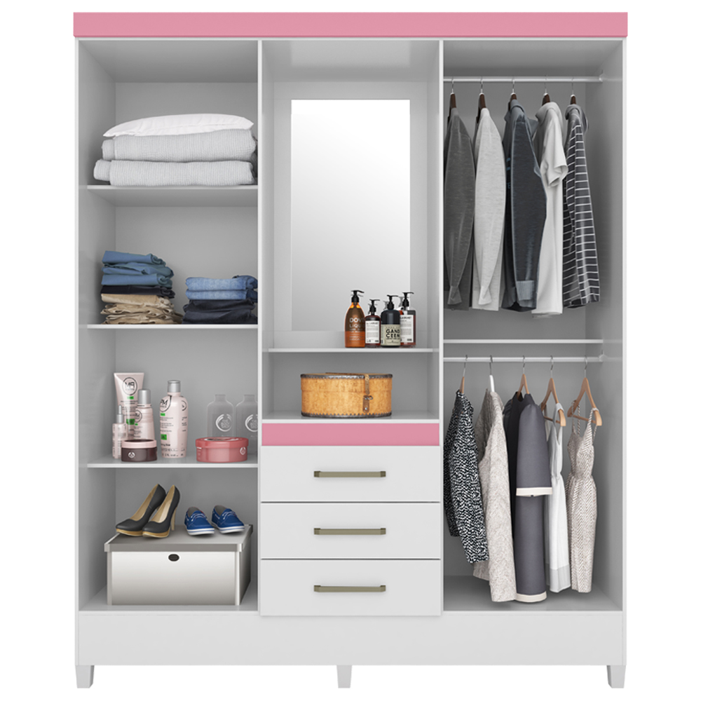 Guarda Roupa Capelinha 4 PT Com Espelho 43220 Branco Rosa Flex Demobile