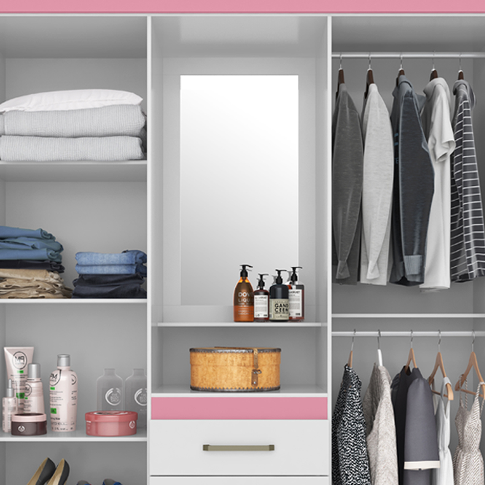 Guarda Roupa Capelinha 4 PT Com Espelho 43220 Branco Rosa Flex Demobile