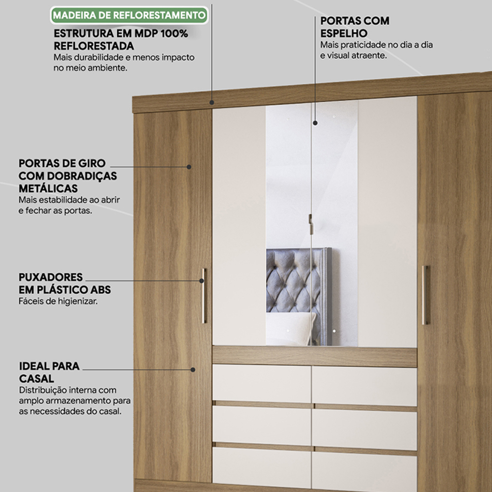 Guarda Roupa Casal 04 Portas Com Espelho 66510 Amendola Off White Demobile