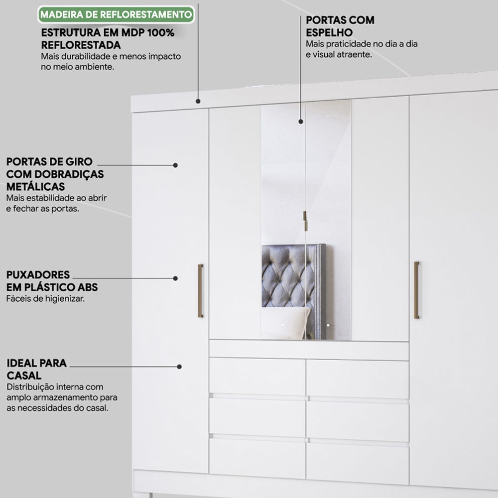 Guarda Roupa Casal 04 Portas Com Espelho 66510 Branco Demobile