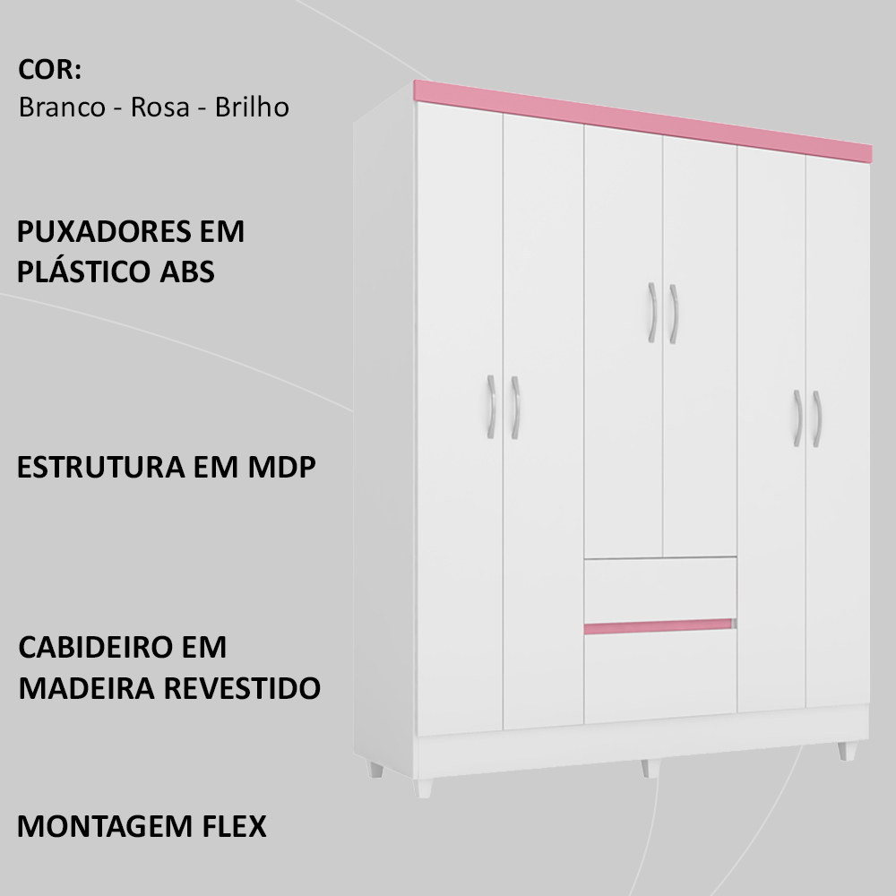 Guarda Roupa Casal 06 Portas 62920 Branco Rosa Flex Demobile