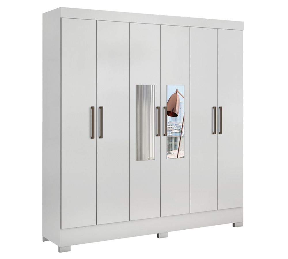 Guarda Roupa Casal 06 Portas Pratico Branco Com Espelho Demobile