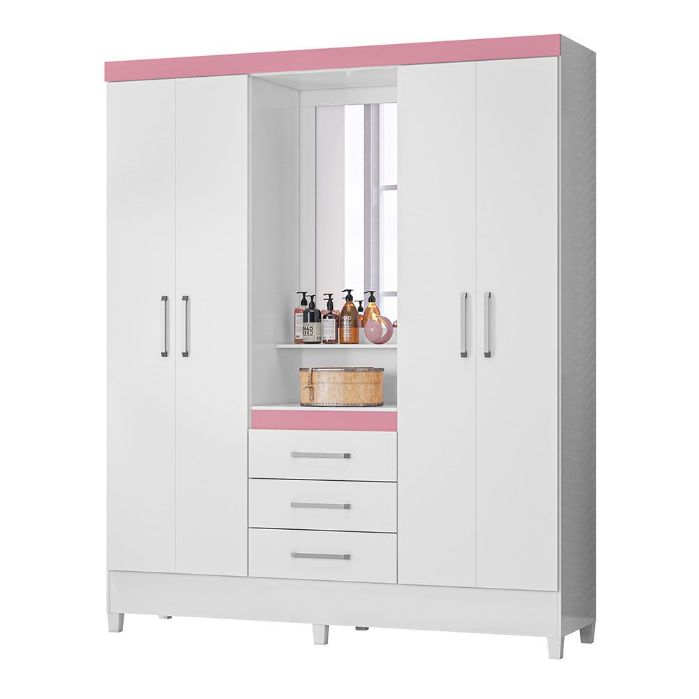 Guarda Roupa Casal 4 Portas Capelinha Pérsia c/ Espelho 43220 Branco Rosa Flex Demóbile