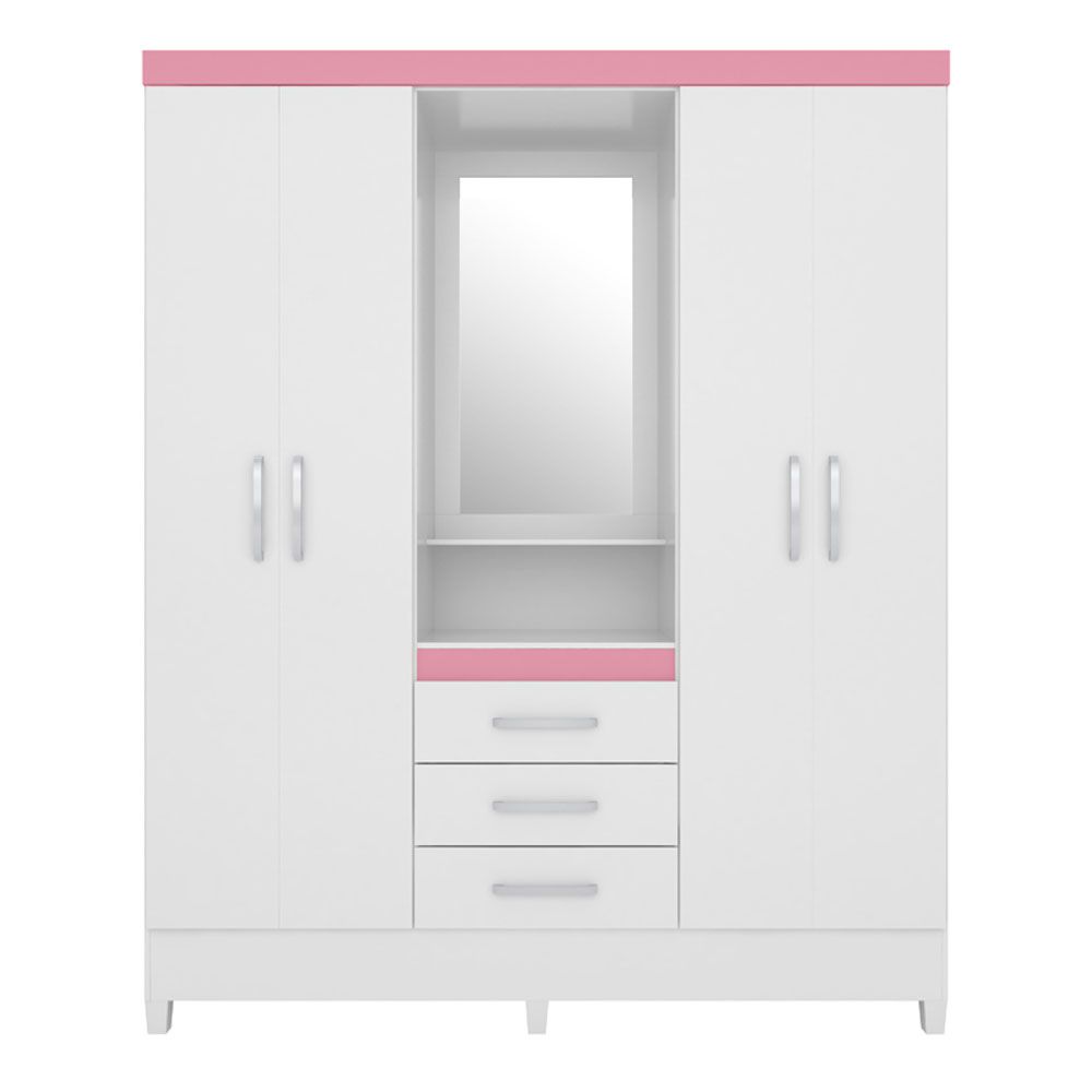 Guarda Roupa Casal 4 Portas Capelinha Pérsia c/ Espelho 43220 Branco Rosa Flex Demóbile