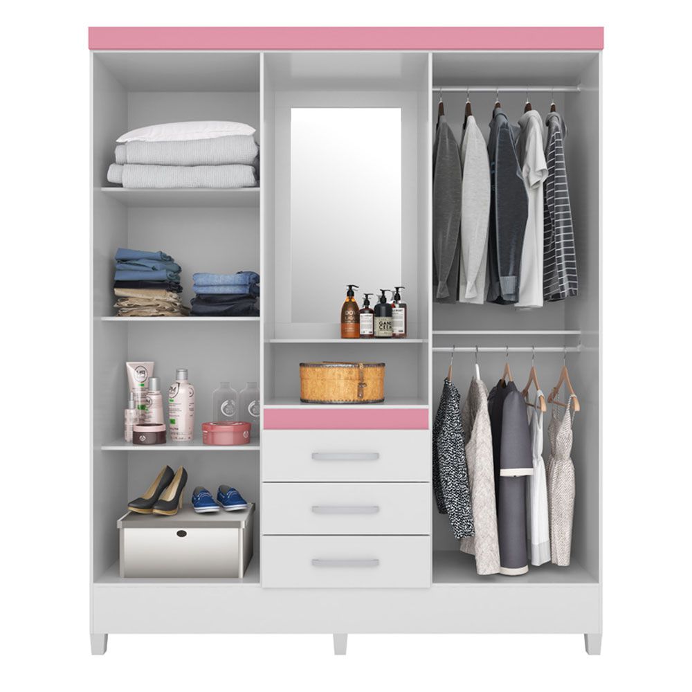 Guarda Roupa Casal 4 Portas Capelinha Pérsia c/ Espelho 43220 Branco Rosa Flex Demóbile
