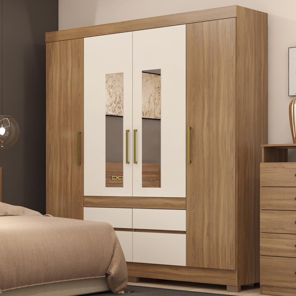Guarda Roupa Casal 4 Portas Com Espelho 64110ES Amendola Off White Demobile