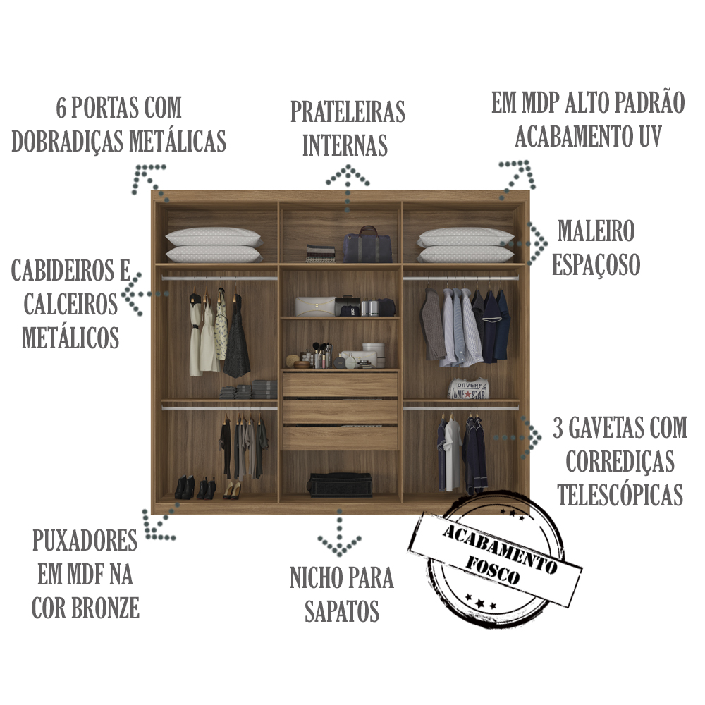Guarda Roupa Casal 6 Portas 267cm 63370 Sumatra Amendola Touch Demobile