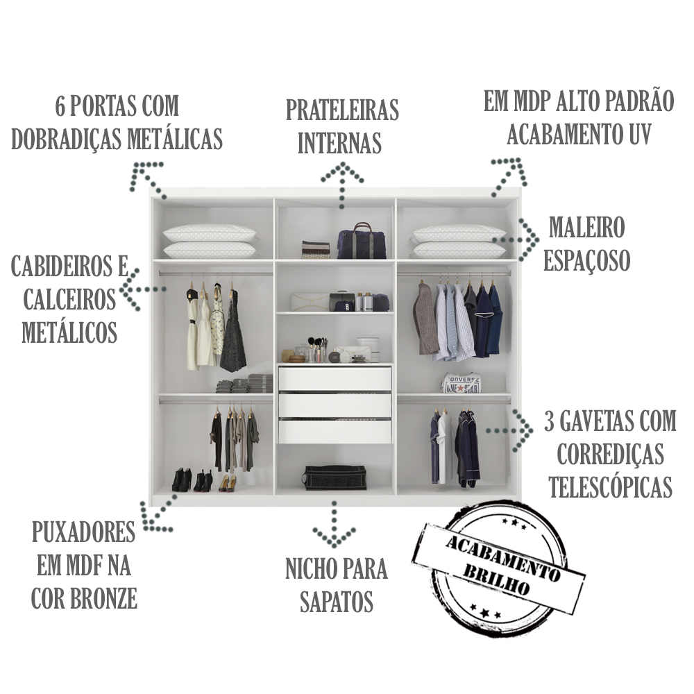 Guarda Roupa Casal 6 Portas 267cm 63370 Sumatra Branco Demobile