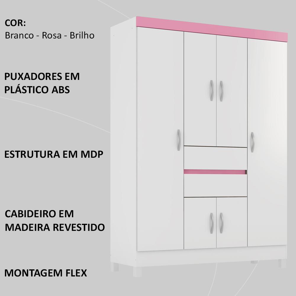 Guarda Roupa Casal 6 Portas 62020 Branco Rosa Flex Demobile