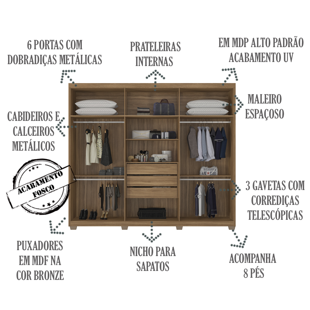 Guarda Roupa Casal 6 Portas Com Pes 63370PE Sumatra Amendola Touch Demobile