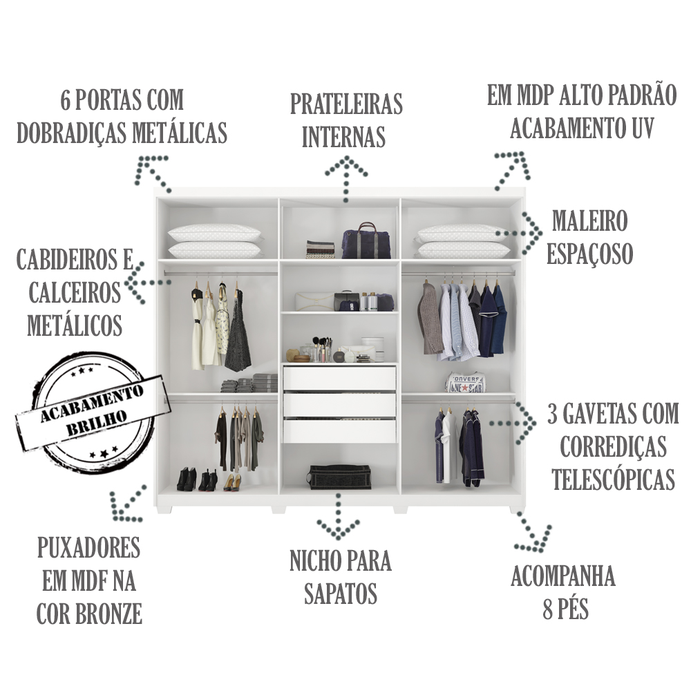 Guarda Roupa Casal 6 Portas Com Pes 63370PE Sumatra Branco Demobile