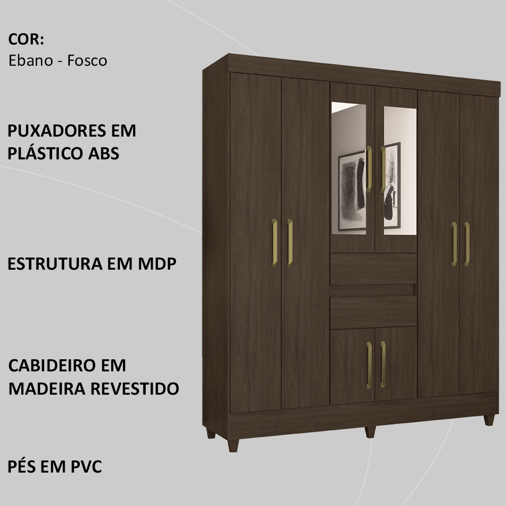 Guarda Roupa Casal 8 Portas Com Espelho 82060EL Ebano Demobile
