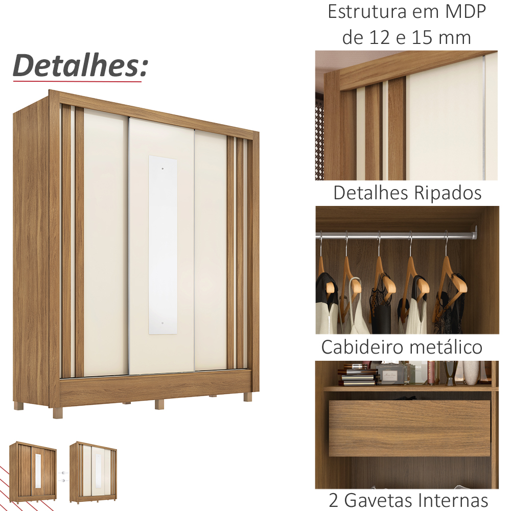 Guarda Roupa Casal Espelho 3 PT Correr 32120 Amendola Off White Flex Demobile