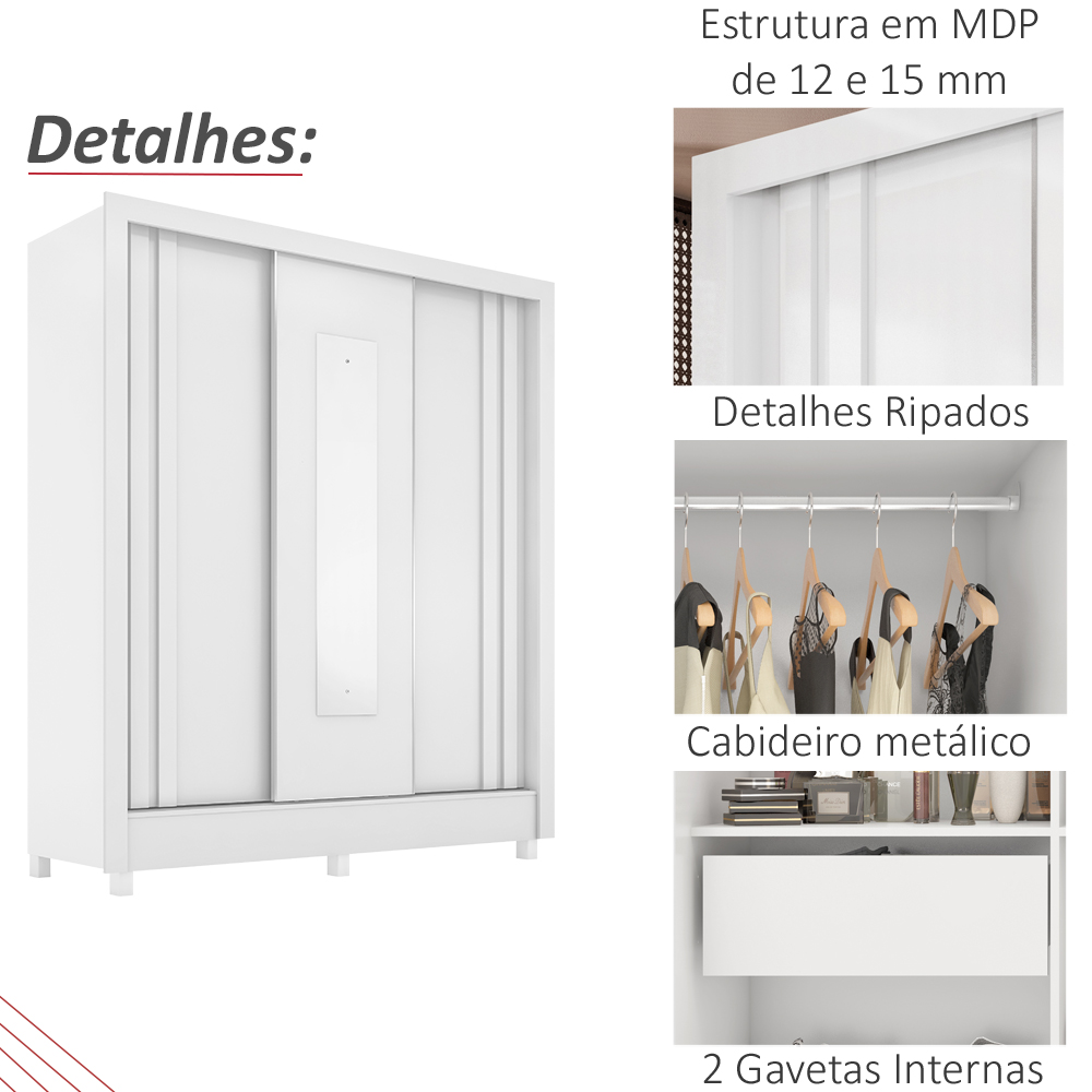 Guarda Roupa Casal Espelho 3 PT Correr 32120 Branco Demobile