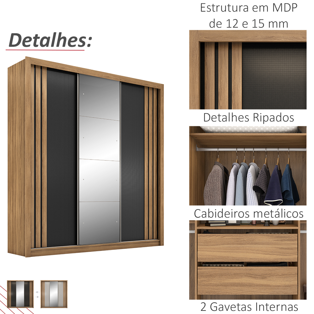 Guarda Roupa Casal Espelho 3 PT Correr 32220 Amendola Nude Preto Flex Demobile