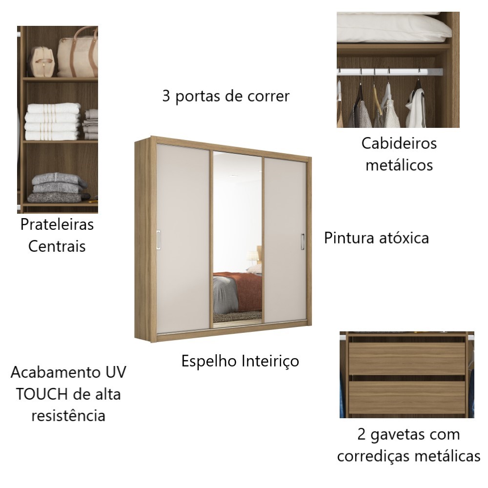 Guarda Roupa Casal Residence 3 portas de correr c/ Espelho - Demóbile