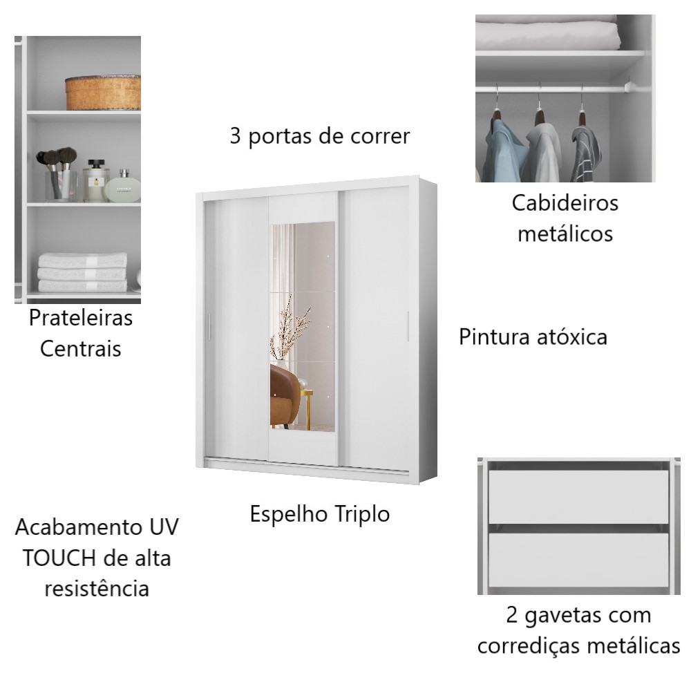 Guarda Roupa Casal Vero 3 portas de correr c/ Espelho - Demobile